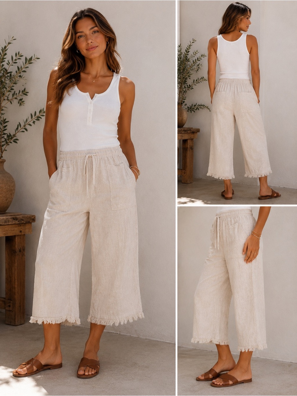 Thread & Supply Linen Blend Drawstring Capri Pants | Size Small | Natural Wheat